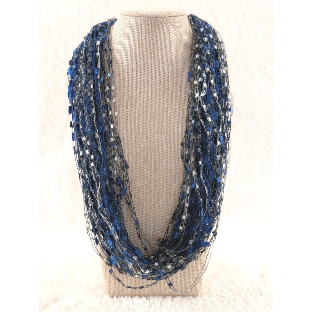 Blue Silver Multi Strand Ribbon Necklace Magnetic‎ Clasp Statement Fiber Art - Picture 2 of 3